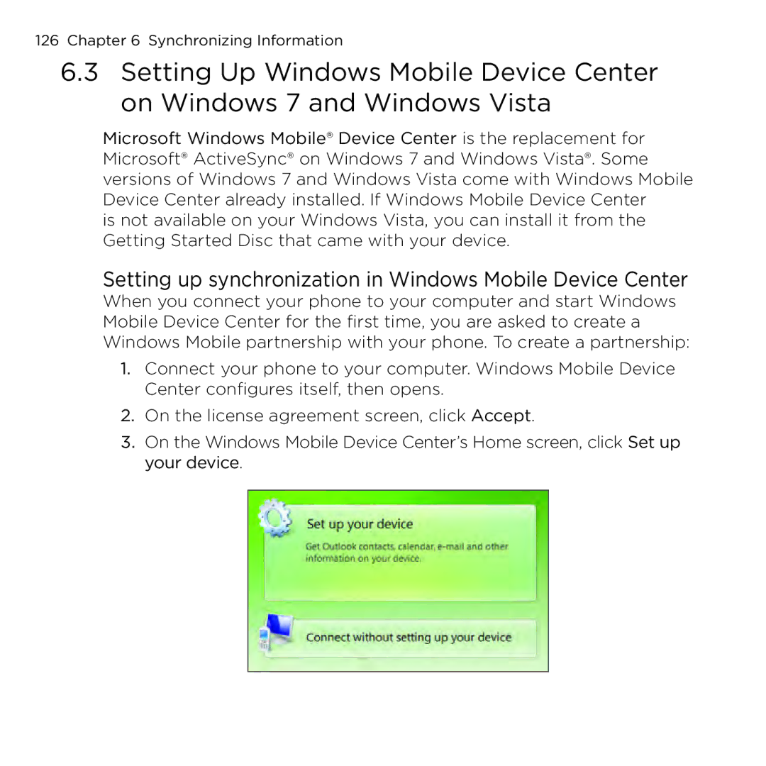 HTC NMRHOD00 user manual Setting up synchronization in Windows Mobile Device Center 