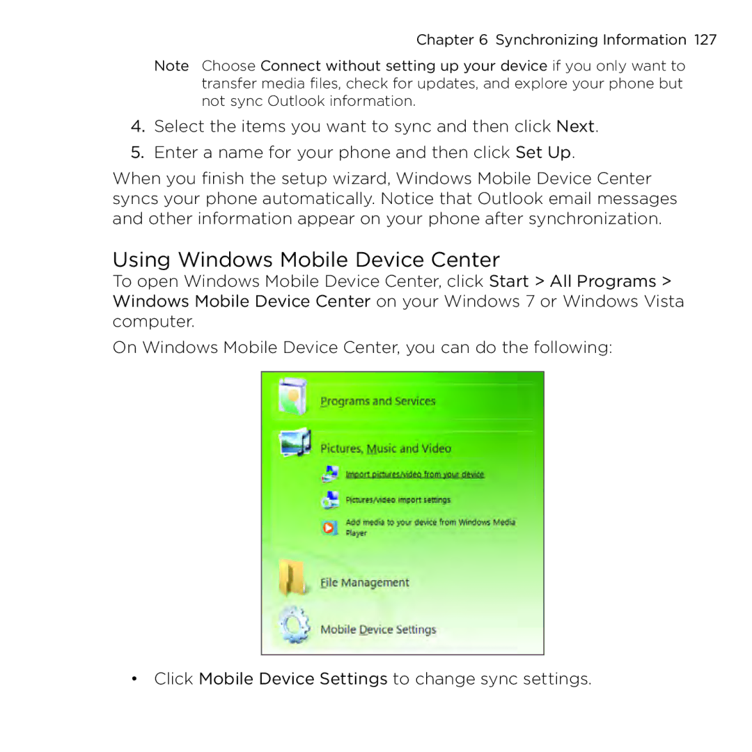 HTC NMRHOD00 user manual Using Windows Mobile Device Center 