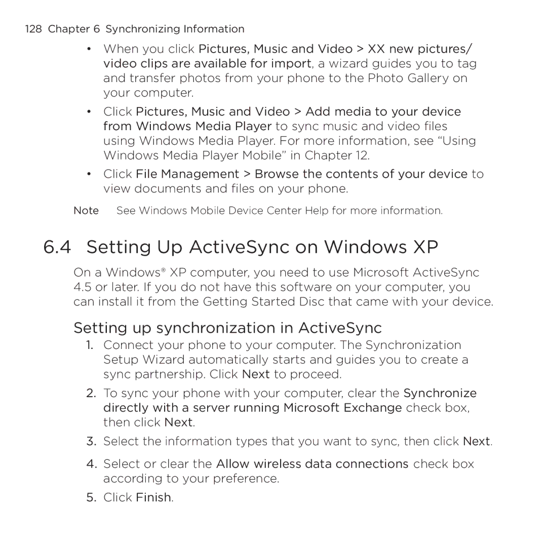 HTC NMRHOD00 user manual Setting Up ActiveSync on Windows XP, Setting up synchronization in ActiveSync 