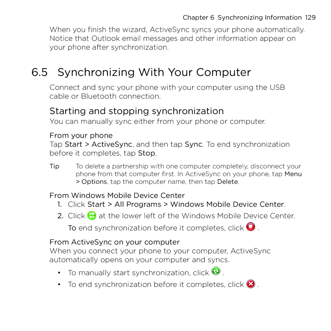 HTC NMRHOD00 user manual Synchronizing With Your Computer, Starting and stopping synchronization 