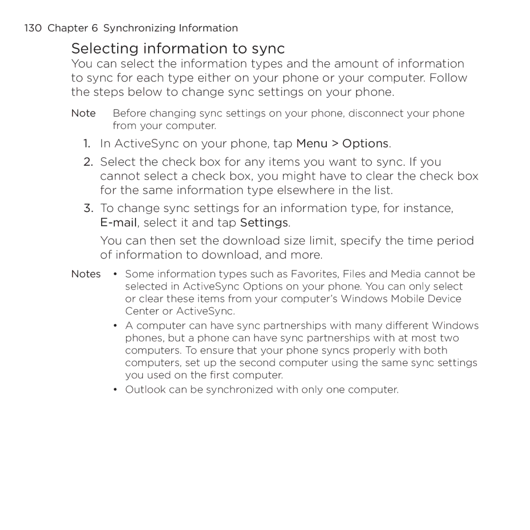 HTC NMRHOD00 user manual Selecting information to sync 