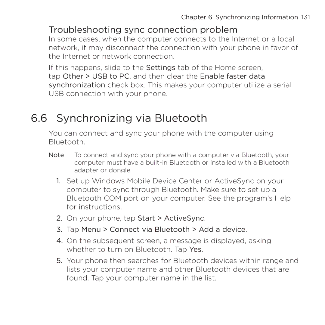 HTC NMRHOD00 user manual Synchronizing via Bluetooth, Troubleshooting sync connection problem 