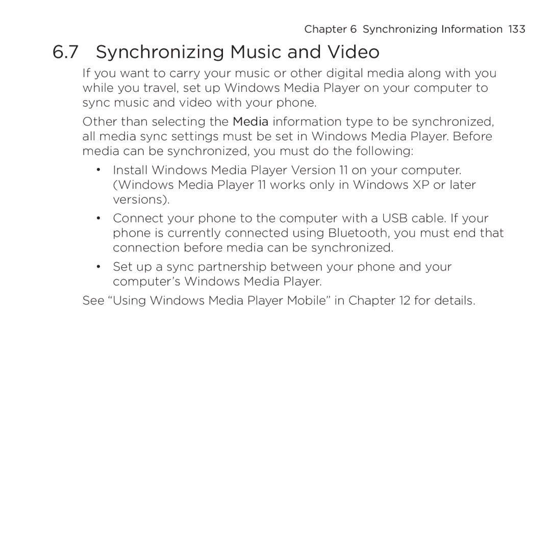 HTC NMRHOD00 user manual Synchronizing Music and Video 