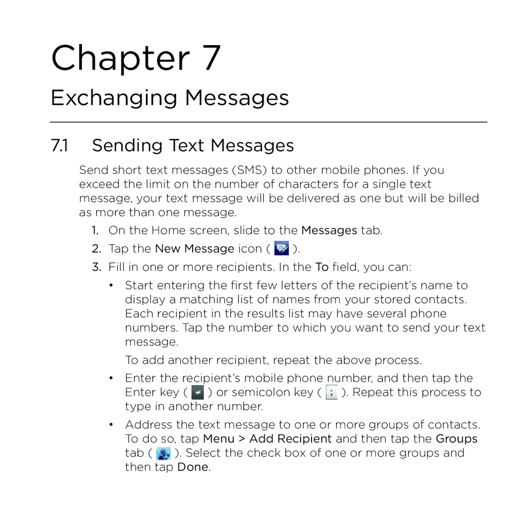 HTC NMRHOD00 user manual Exchanging Messages, Sending Text Messages 