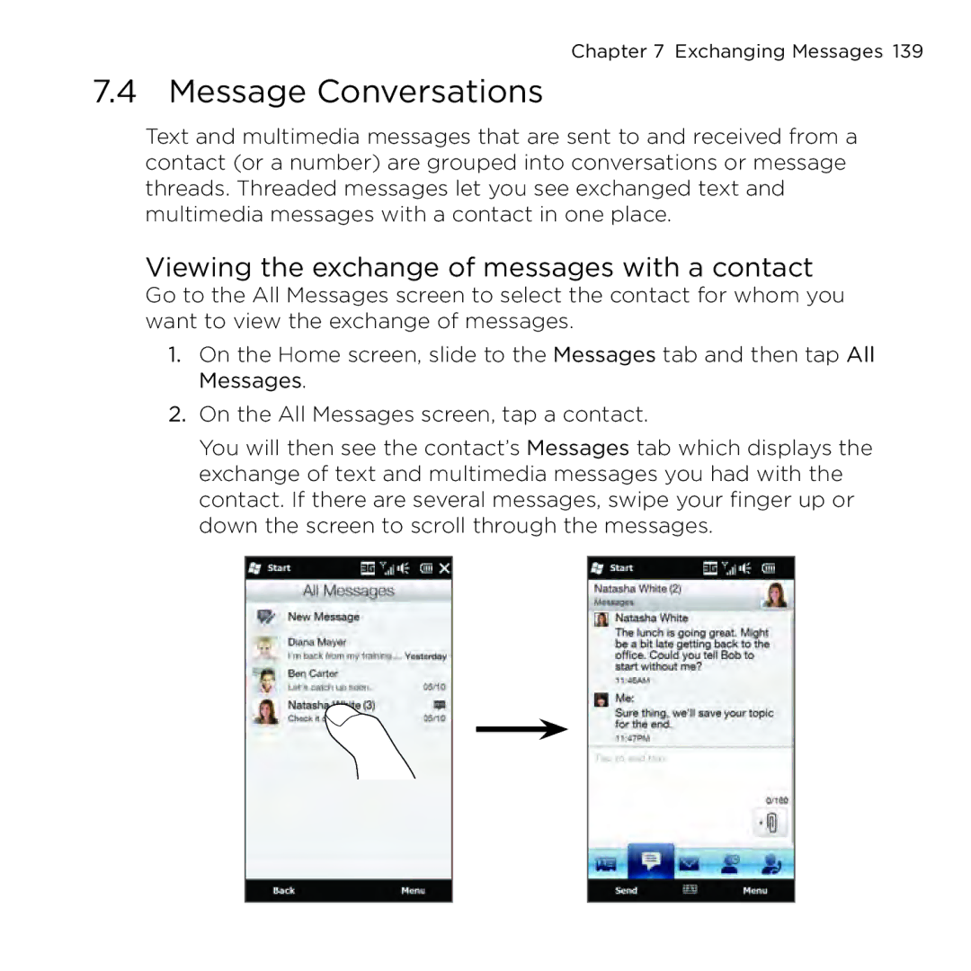 HTC NMRHOD00 user manual Message Conversations, Viewing the exchange of messages with a contact 