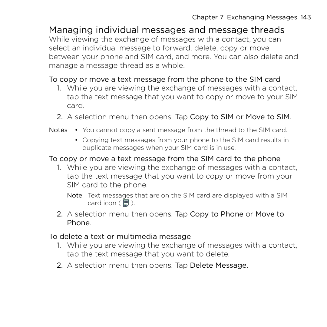 HTC NMRHOD00 user manual Managing individual messages and message threads 