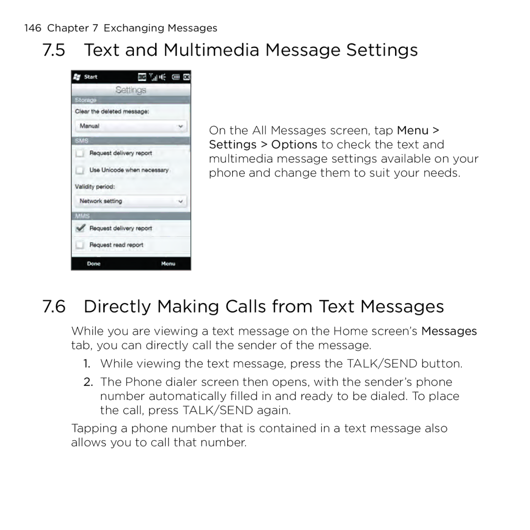 HTC NMRHOD00 user manual Text and Multimedia Message Settings, Directly Making Calls from Text Messages 