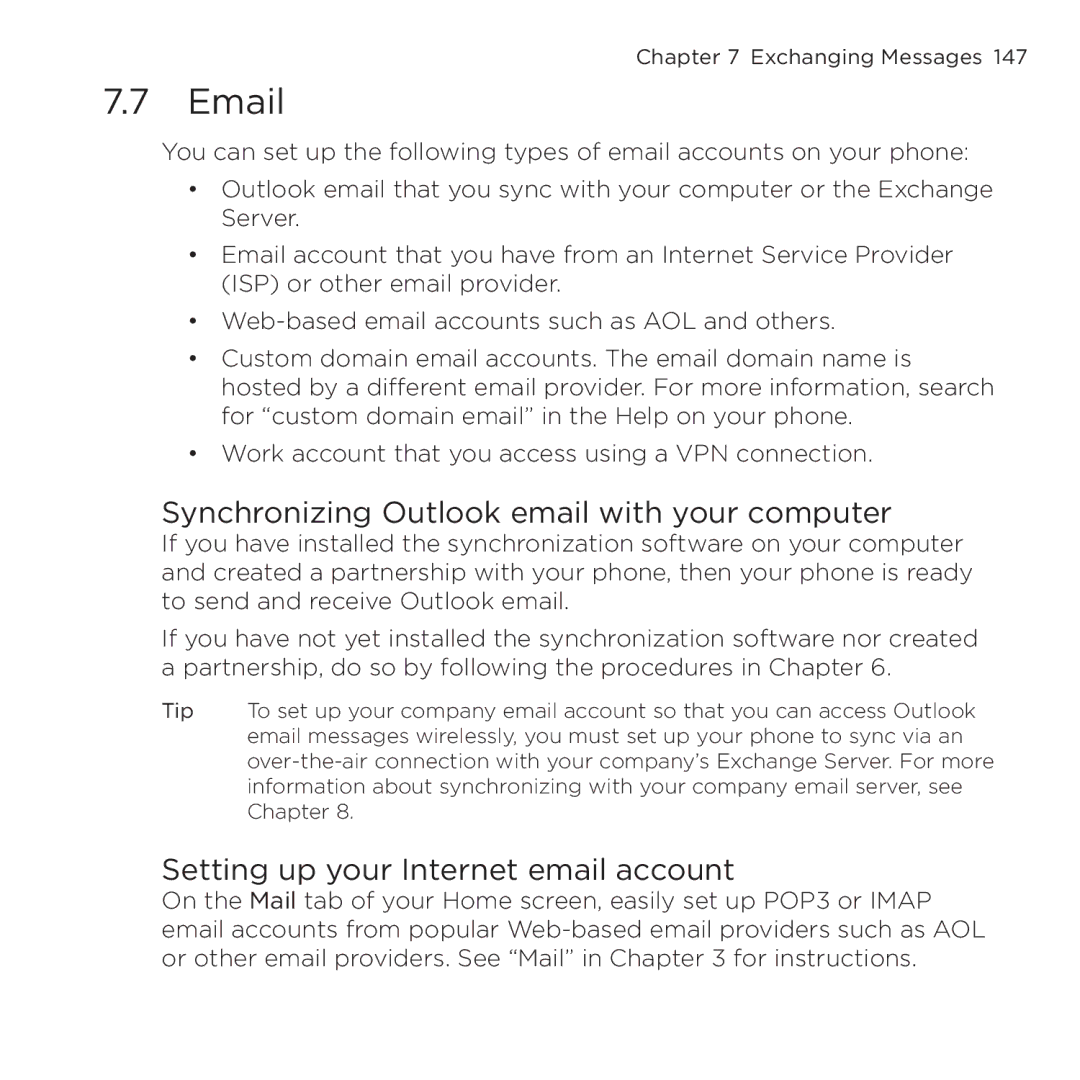 HTC NMRHOD00 user manual Synchronizing Outlook email with your computer, Setting up your Internet email account 