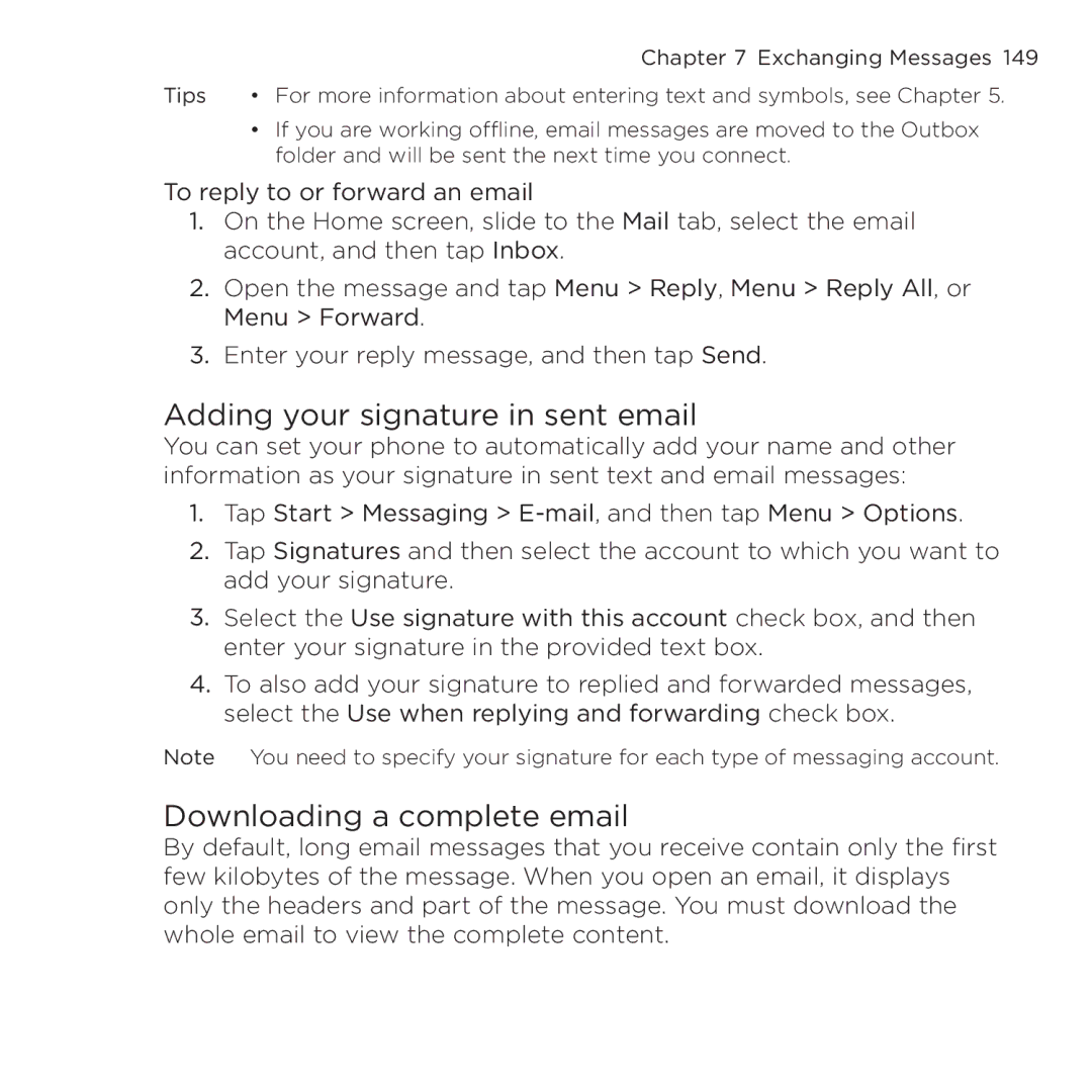 HTC NMRHOD00 user manual Adding your signature in sent email, Downloading a complete email 