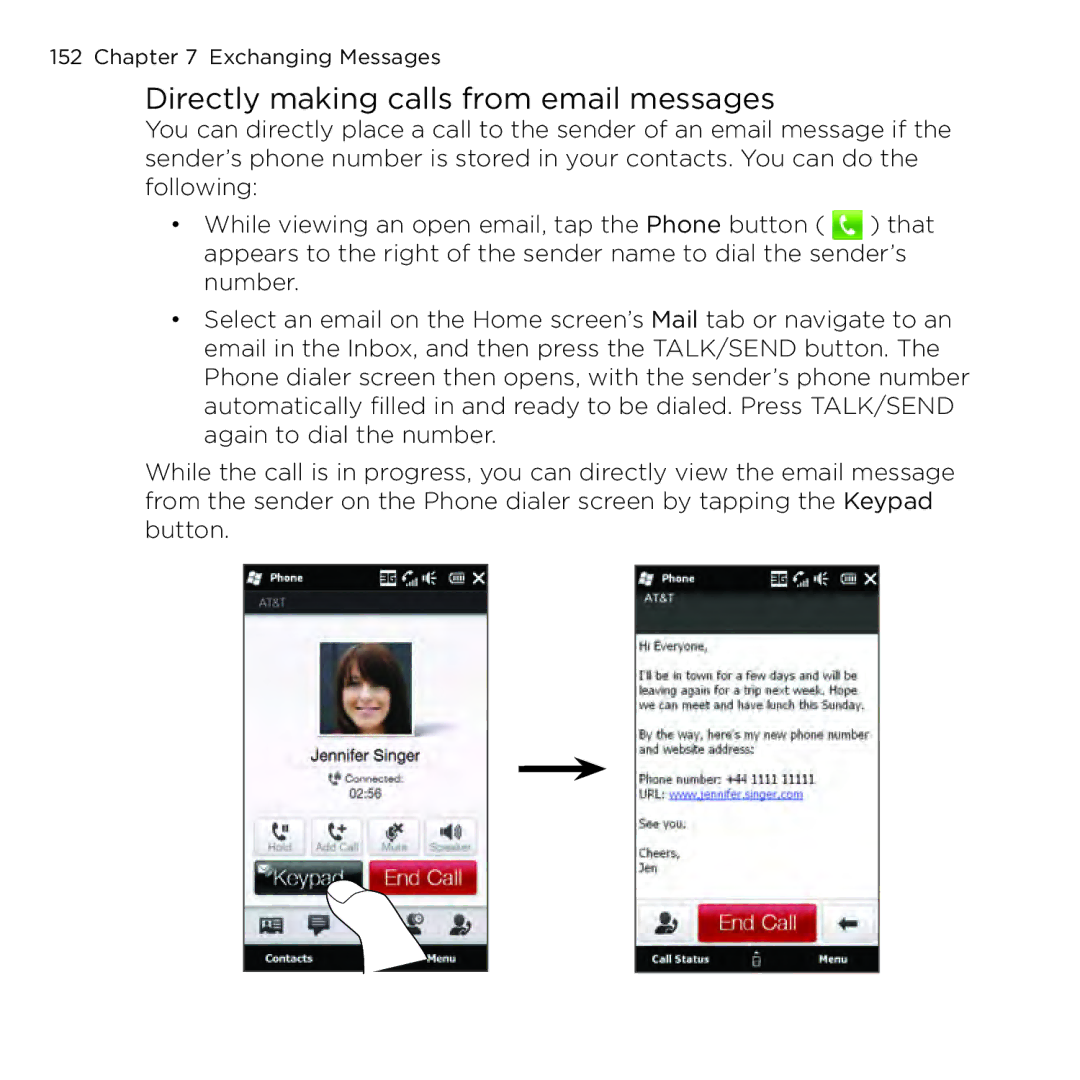 HTC NMRHOD00 user manual Directly making calls from email messages 