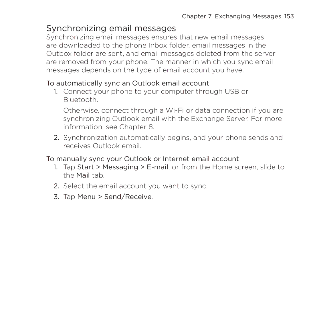 HTC NMRHOD00 user manual Synchronizing email messages 