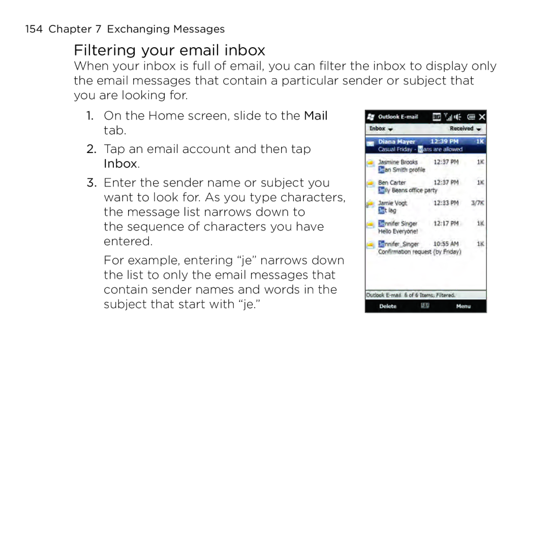 HTC NMRHOD00 user manual Filtering your email inbox 