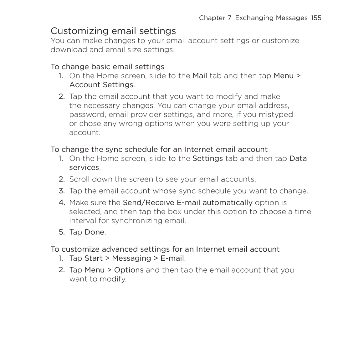 HTC NMRHOD00 user manual Customizing email settings 