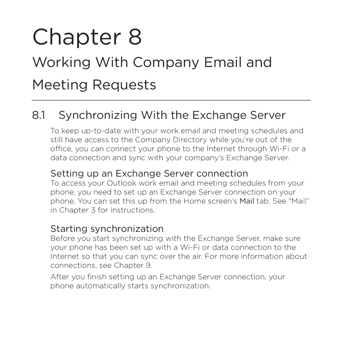 HTC NMRHOD00 Synchronizing With the Exchange Server, Setting up an Exchange Server connection, Starting synchronization 