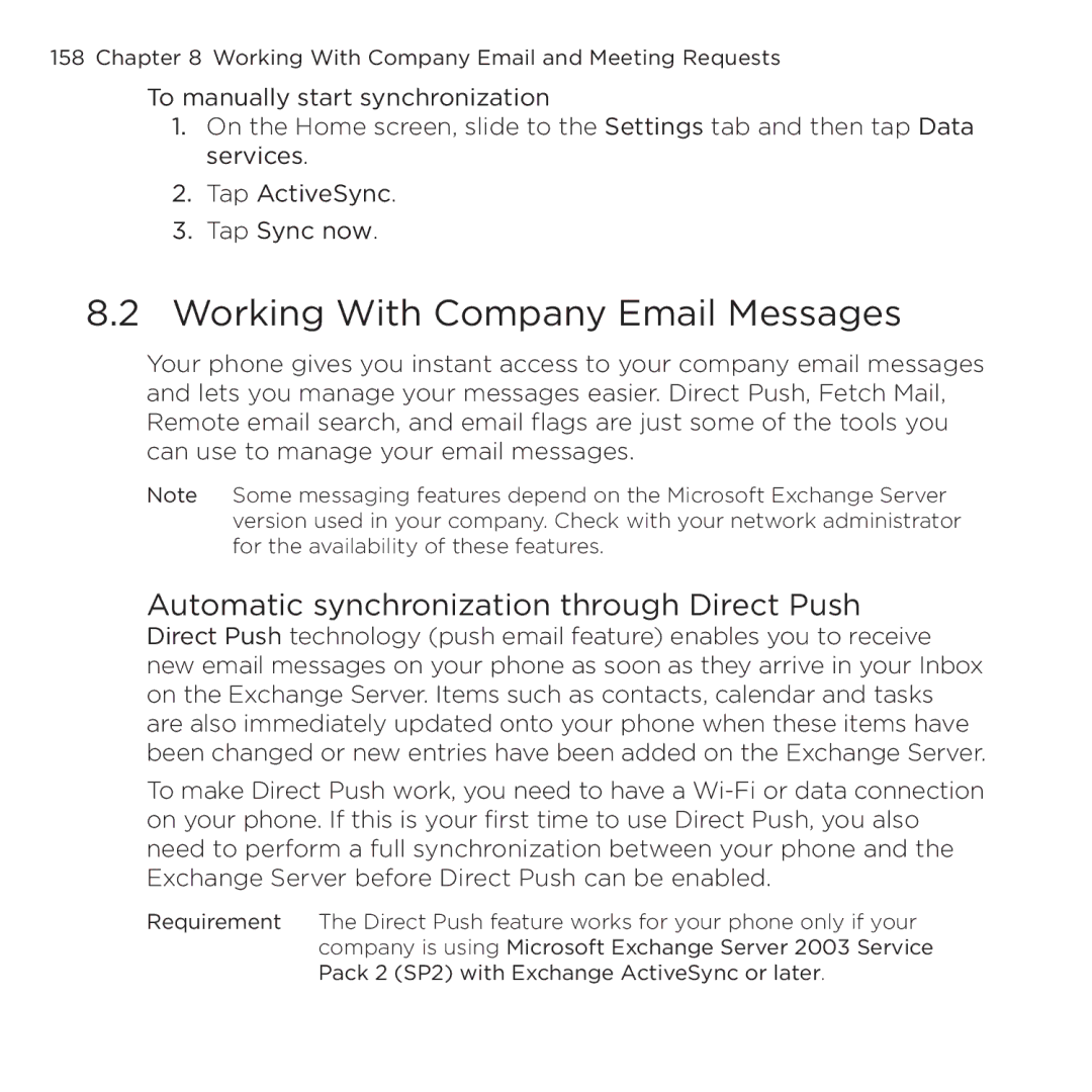 HTC NMRHOD00 user manual Working With Company Email Messages, Automatic synchronization through Direct Push 