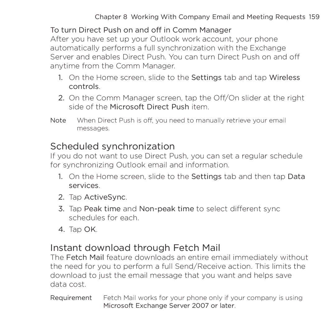 HTC NMRHOD00 user manual Scheduled synchronization, Instant download through Fetch Mail 