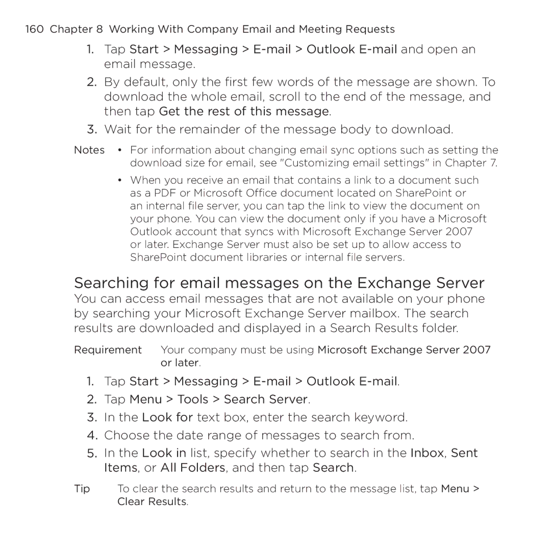 HTC NMRHOD00 user manual Searching for email messages on the Exchange Server 