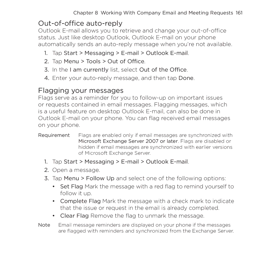 HTC NMRHOD00 user manual Out-of-office auto-reply, Flagging your messages 