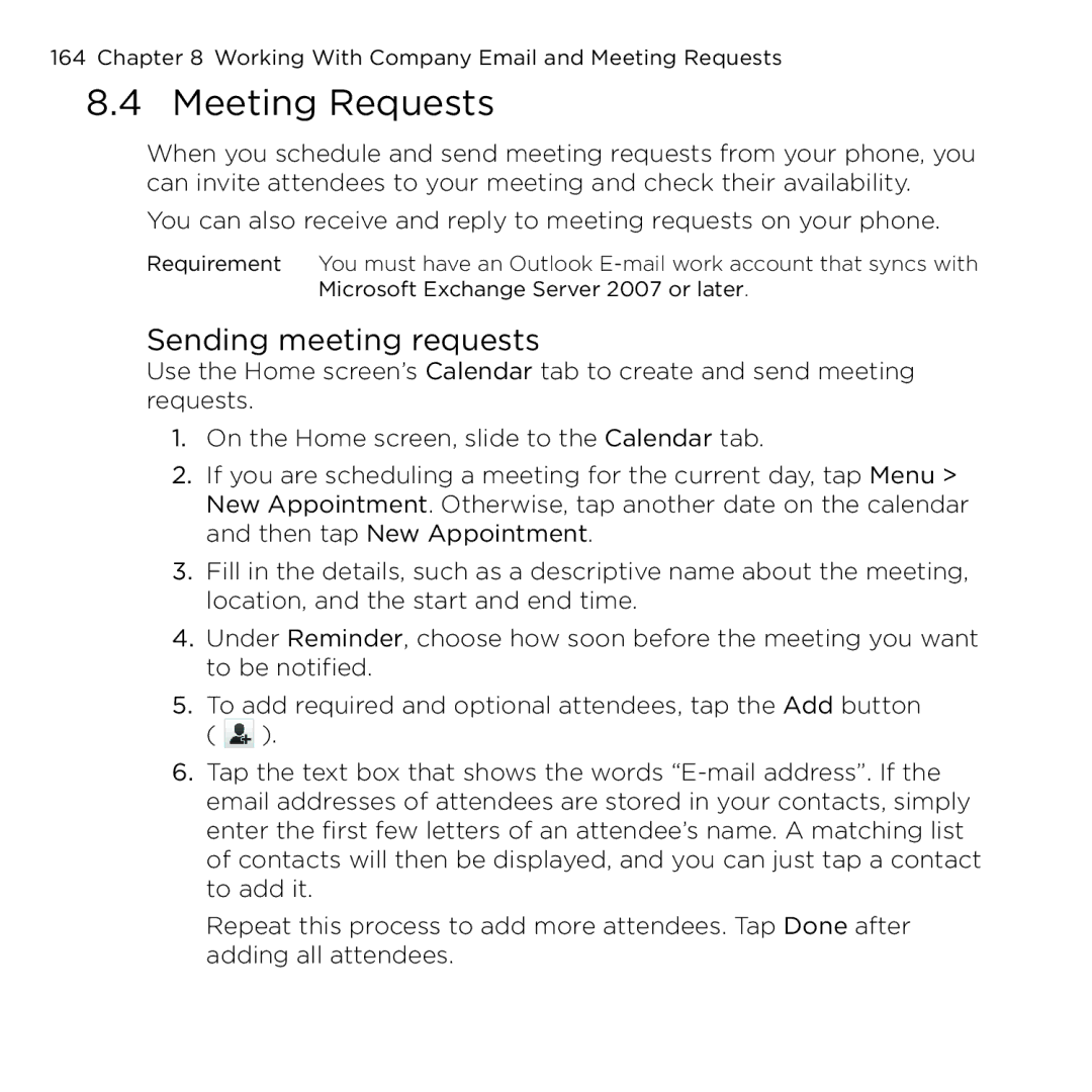 HTC NMRHOD00 user manual Meeting Requests, Sending meeting requests 