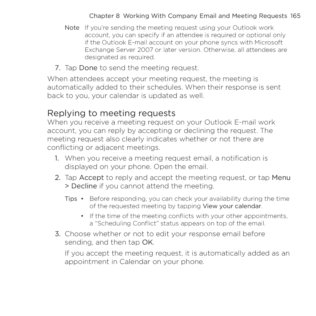 HTC NMRHOD00 user manual Replying to meeting requests 