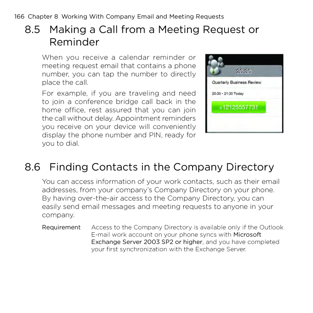 HTC NMRHOD00 user manual Making a Call from a Meeting Request or Reminder, Finding Contacts in the Company Directory 