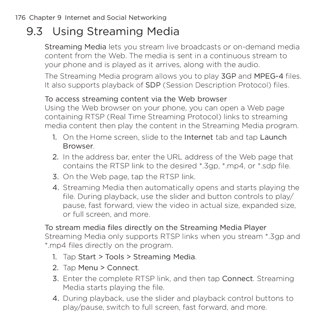 HTC NMRHOD00 user manual Using Streaming Media 