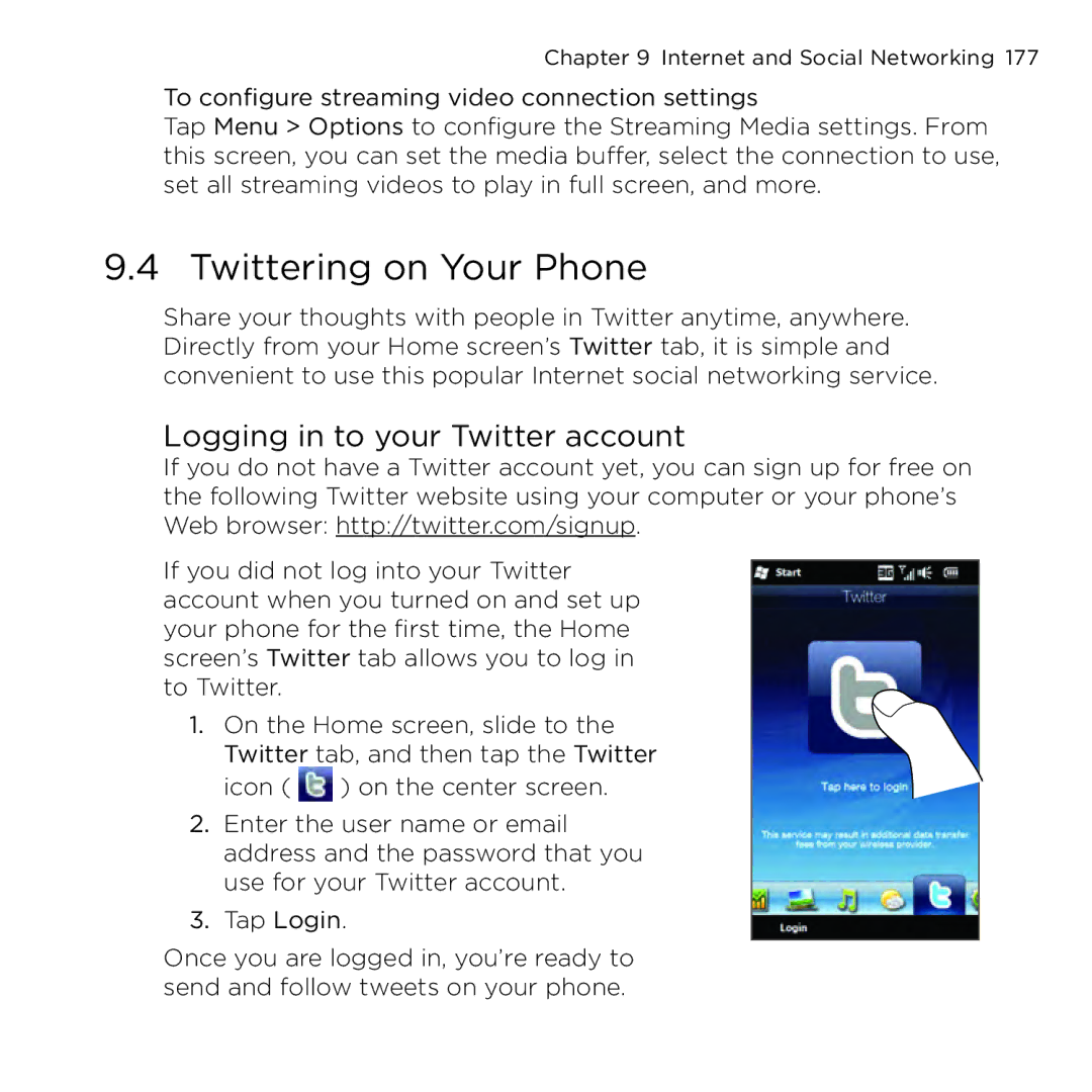 HTC NMRHOD00 user manual Twittering on Your Phone, Logging in to your Twitter account 