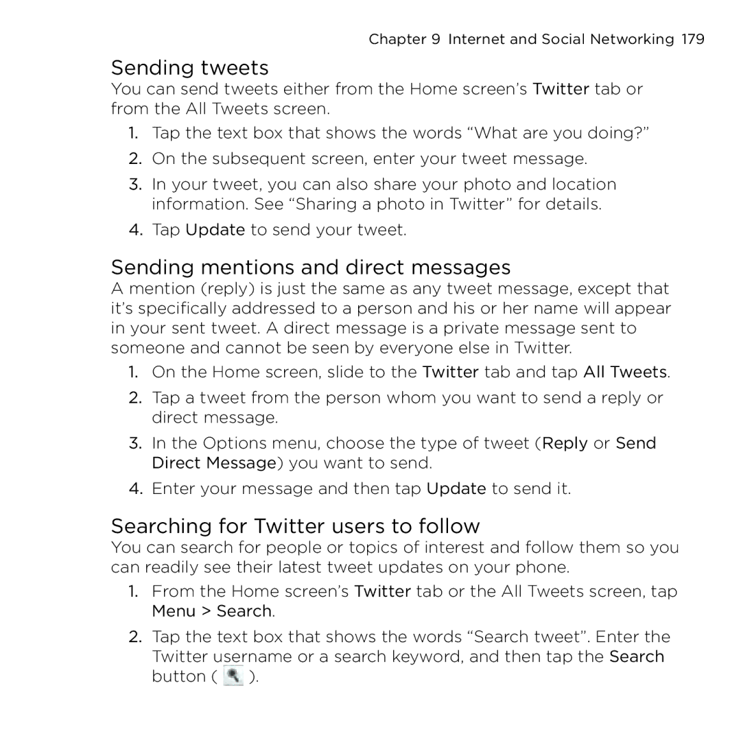 HTC NMRHOD00 user manual Sending tweets, Sending mentions and direct messages, Searching for Twitter users to follow 