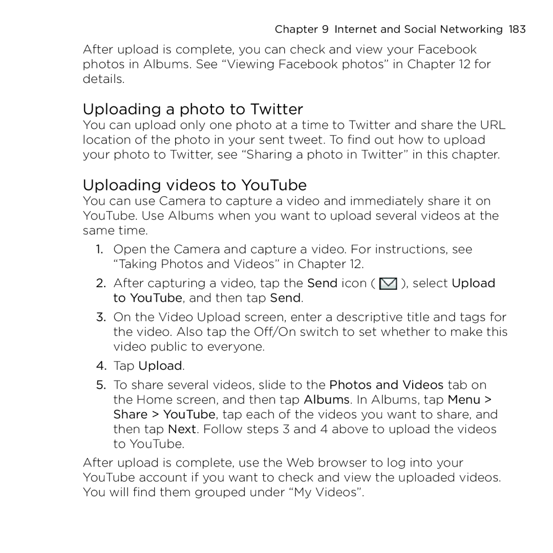 HTC NMRHOD00 user manual Uploading a photo to Twitter, Uploading videos to YouTube 