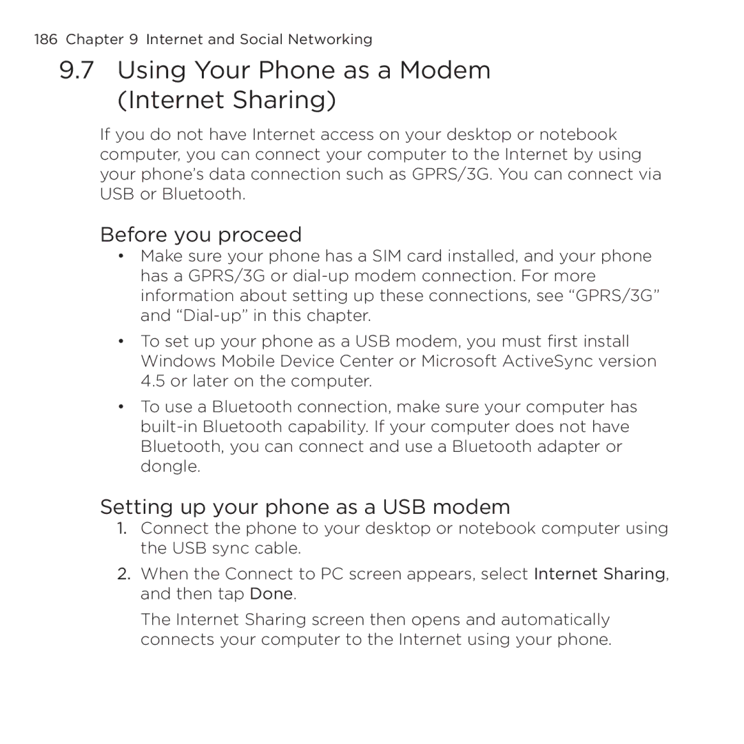 HTC RHOD00 Using Your Phone as a Modem Internet Sharing, Before you proceed, Setting up your phone as a USB modem 