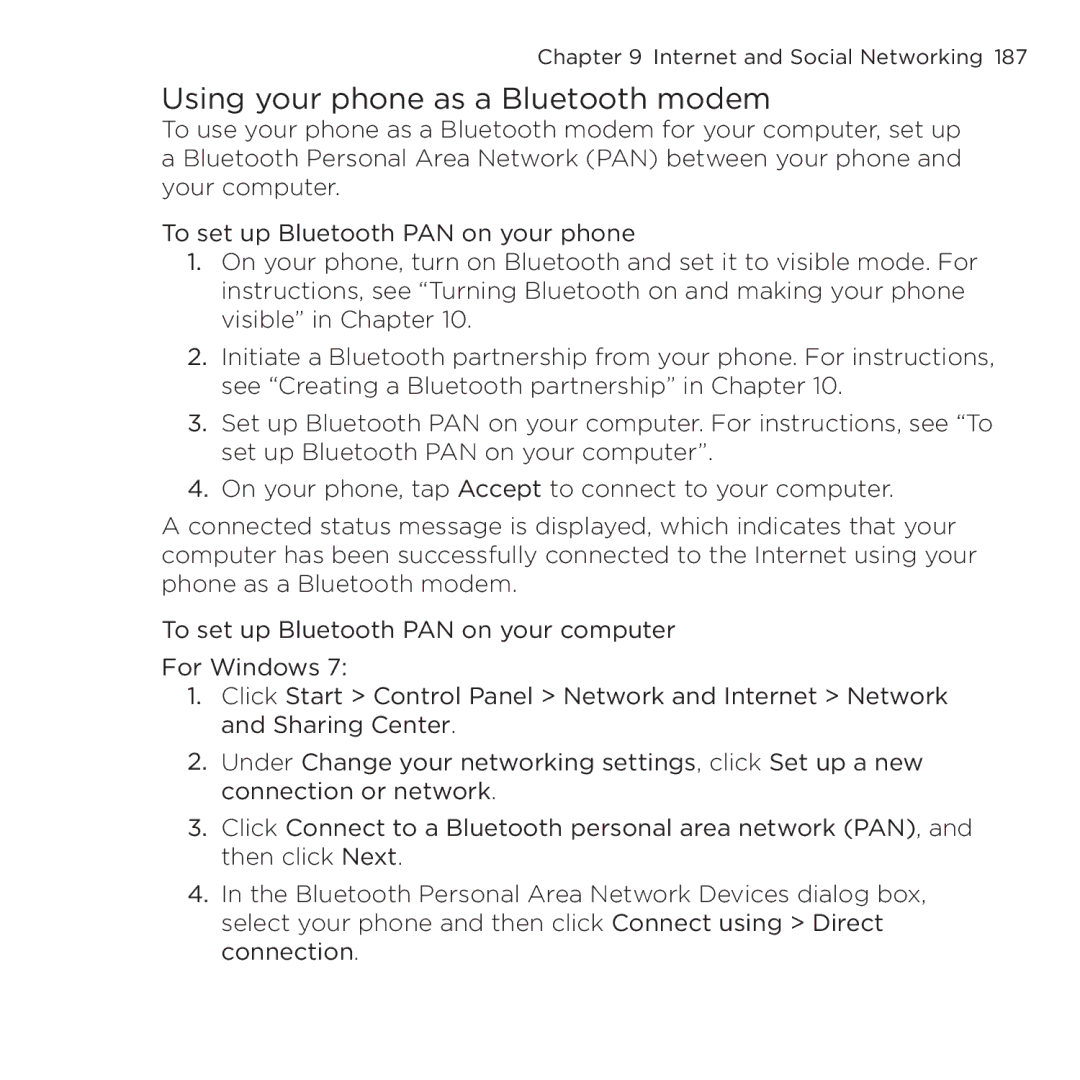 HTC NMRHOD00 user manual Using your phone as a Bluetooth modem 