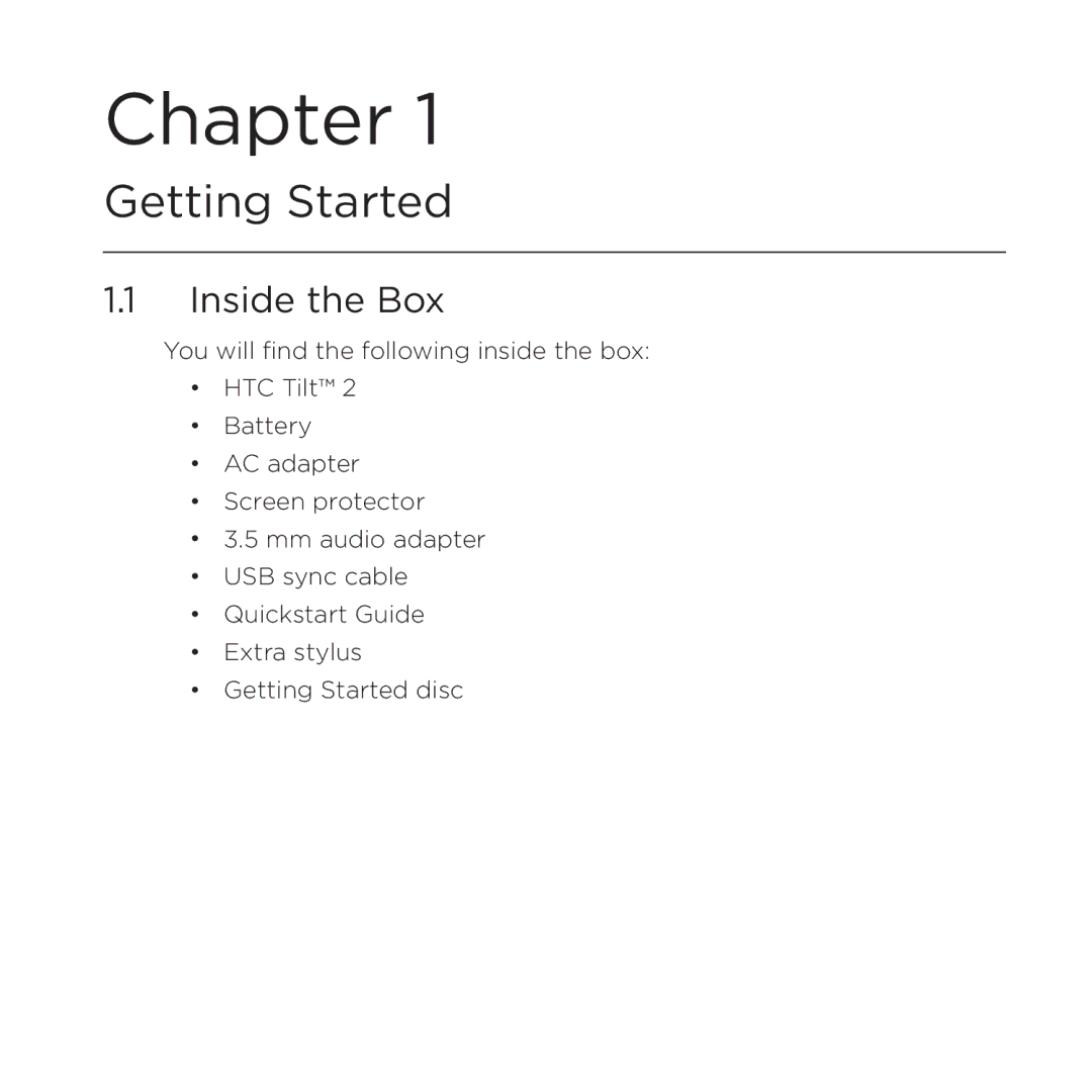 HTC NMRHOD00 user manual Getting Started, Inside the Box 