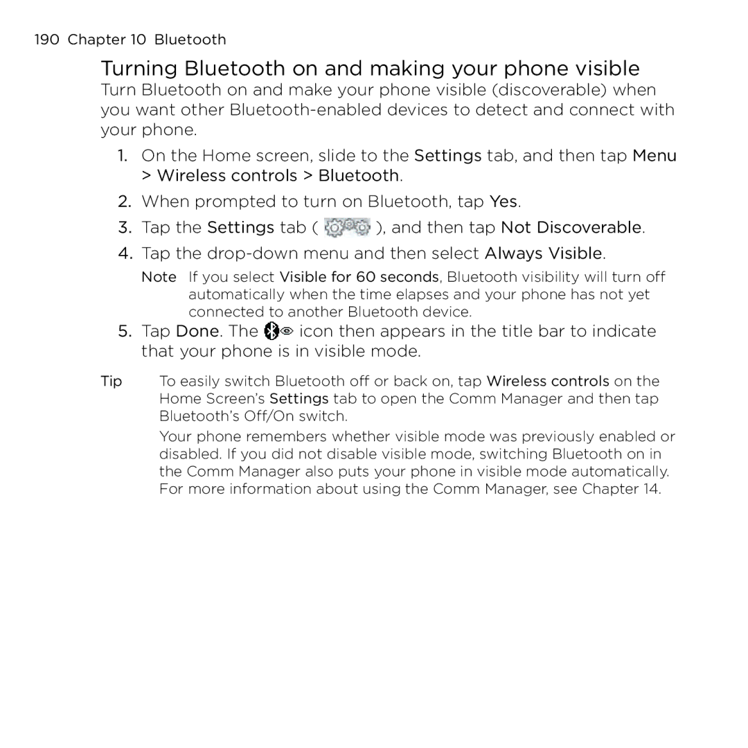 HTC NMRHOD00 user manual Turning Bluetooth on and making your phone visible 