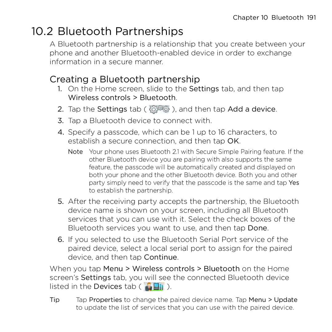 HTC NMRHOD00 user manual Bluetooth Partnerships, Creating a Bluetooth partnership 