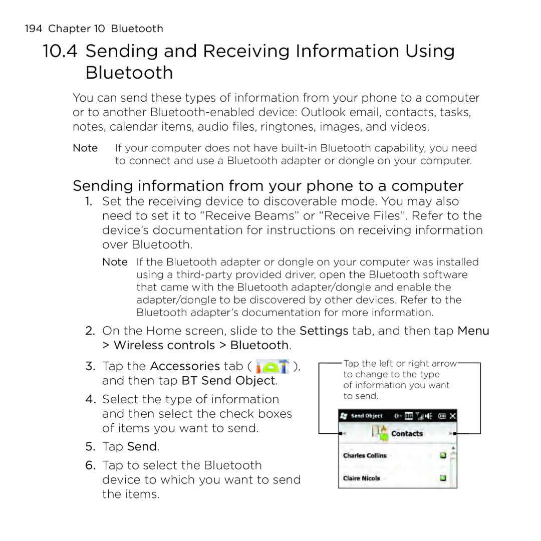 HTC NMRHOD00 Sending and Receiving Information Using Bluetooth, Sending information from your phone to a computer 