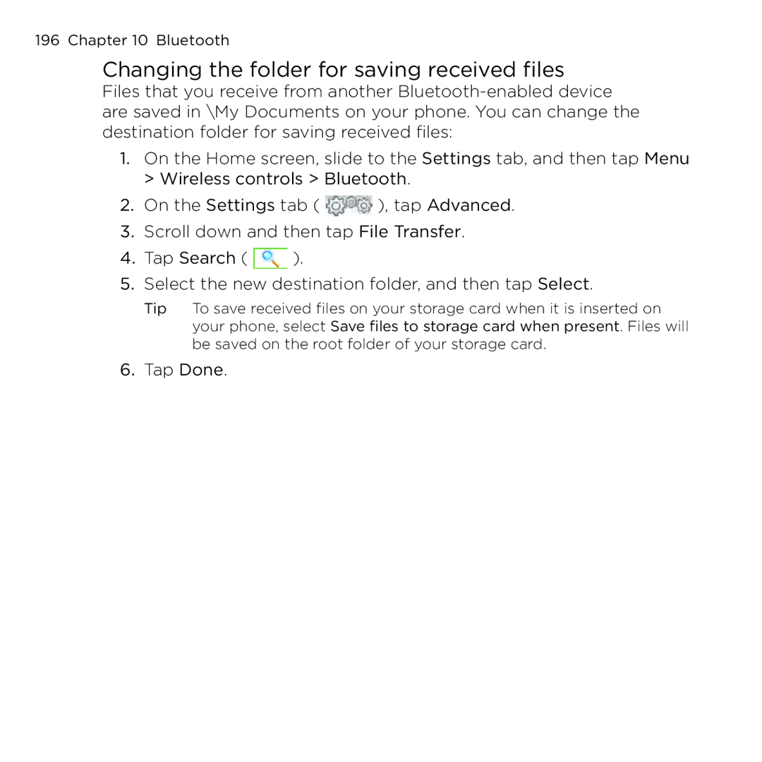 HTC NMRHOD00 user manual Changing the folder for saving received files 