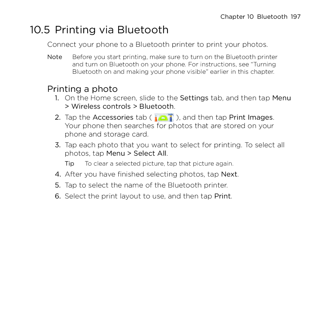 HTC NMRHOD00 user manual Printing via Bluetooth, Printing a photo 