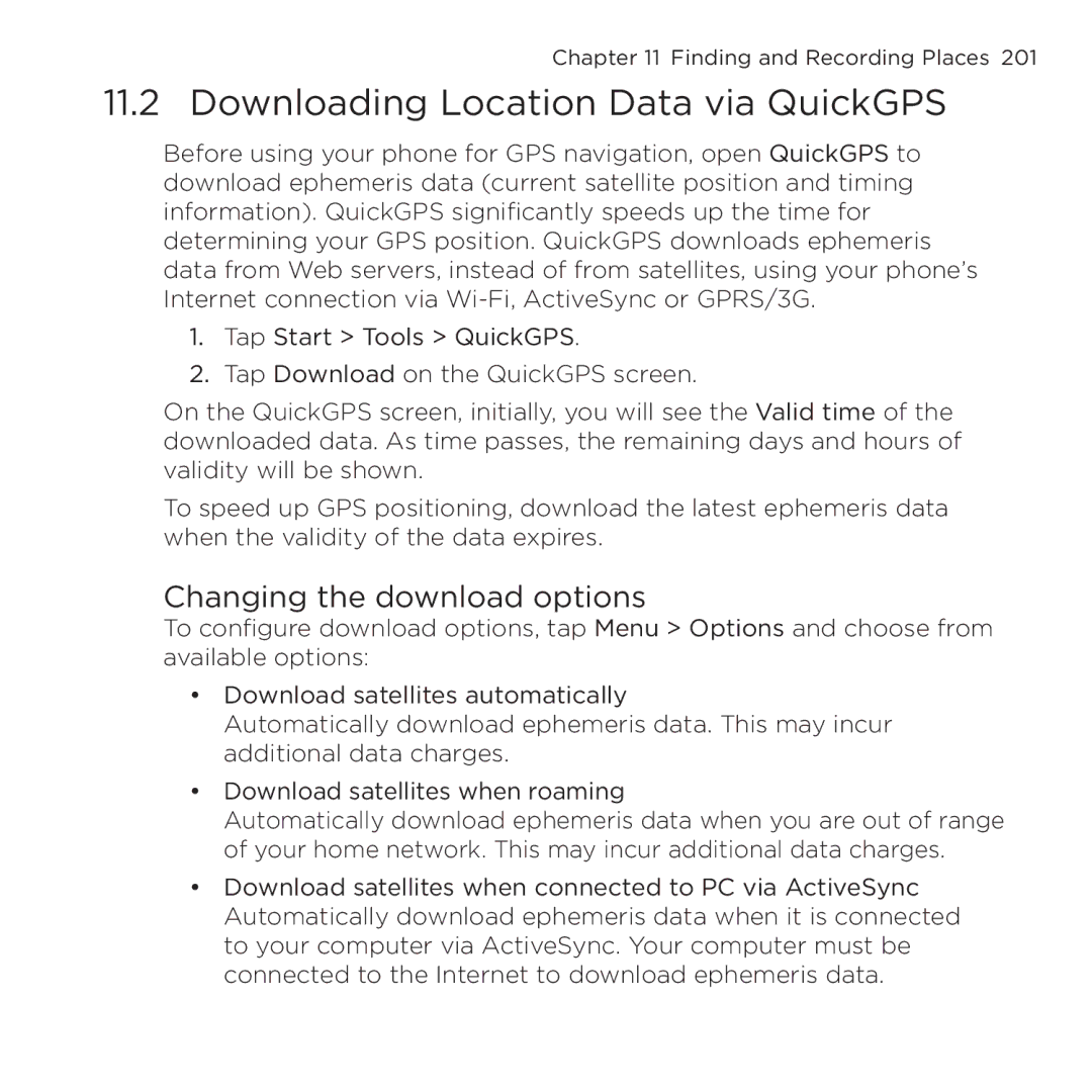 HTC NMRHOD00 user manual Downloading Location Data via QuickGPS, Changing the download options 