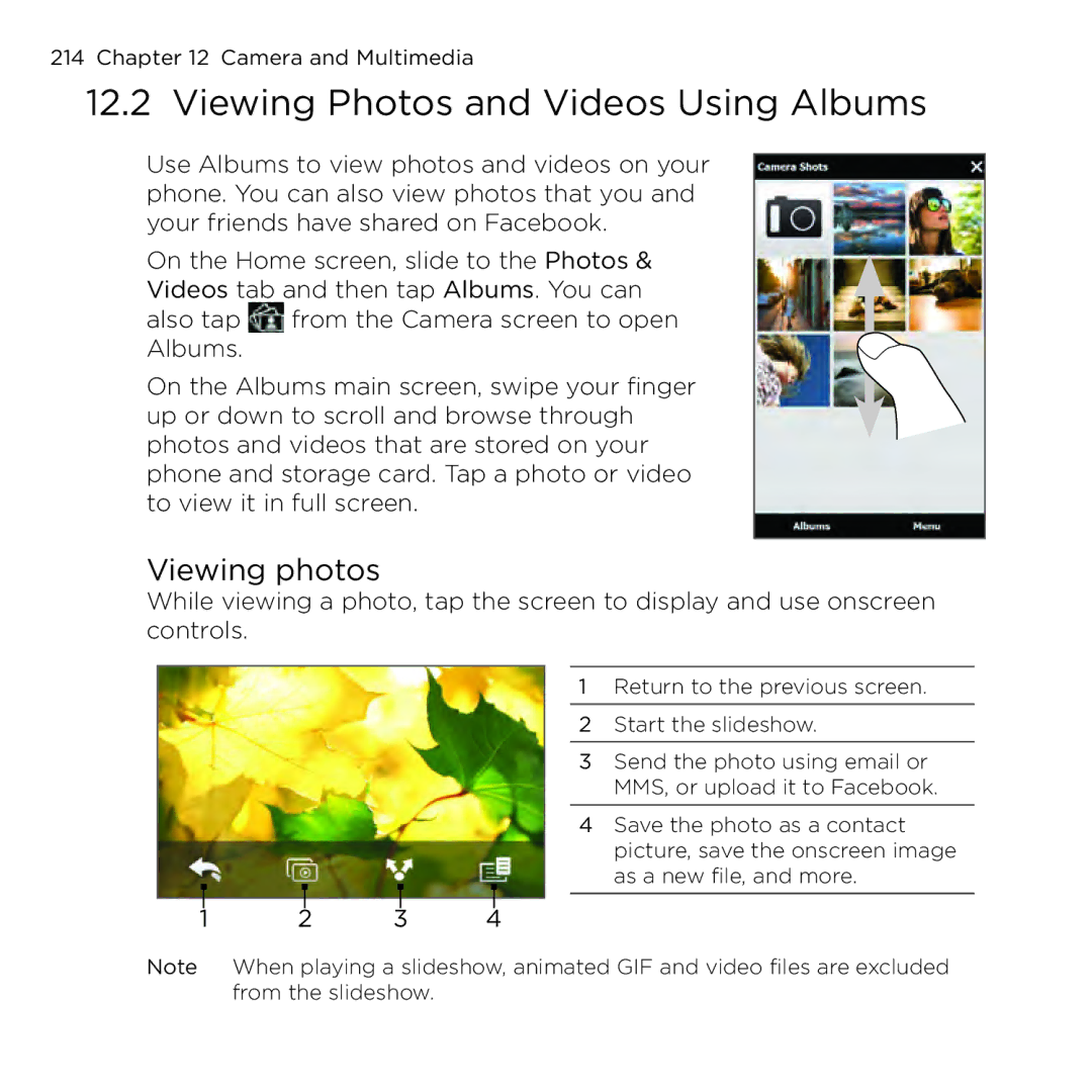 HTC NMRHOD00 user manual Viewing Photos and Videos Using Albums, Viewing photos 