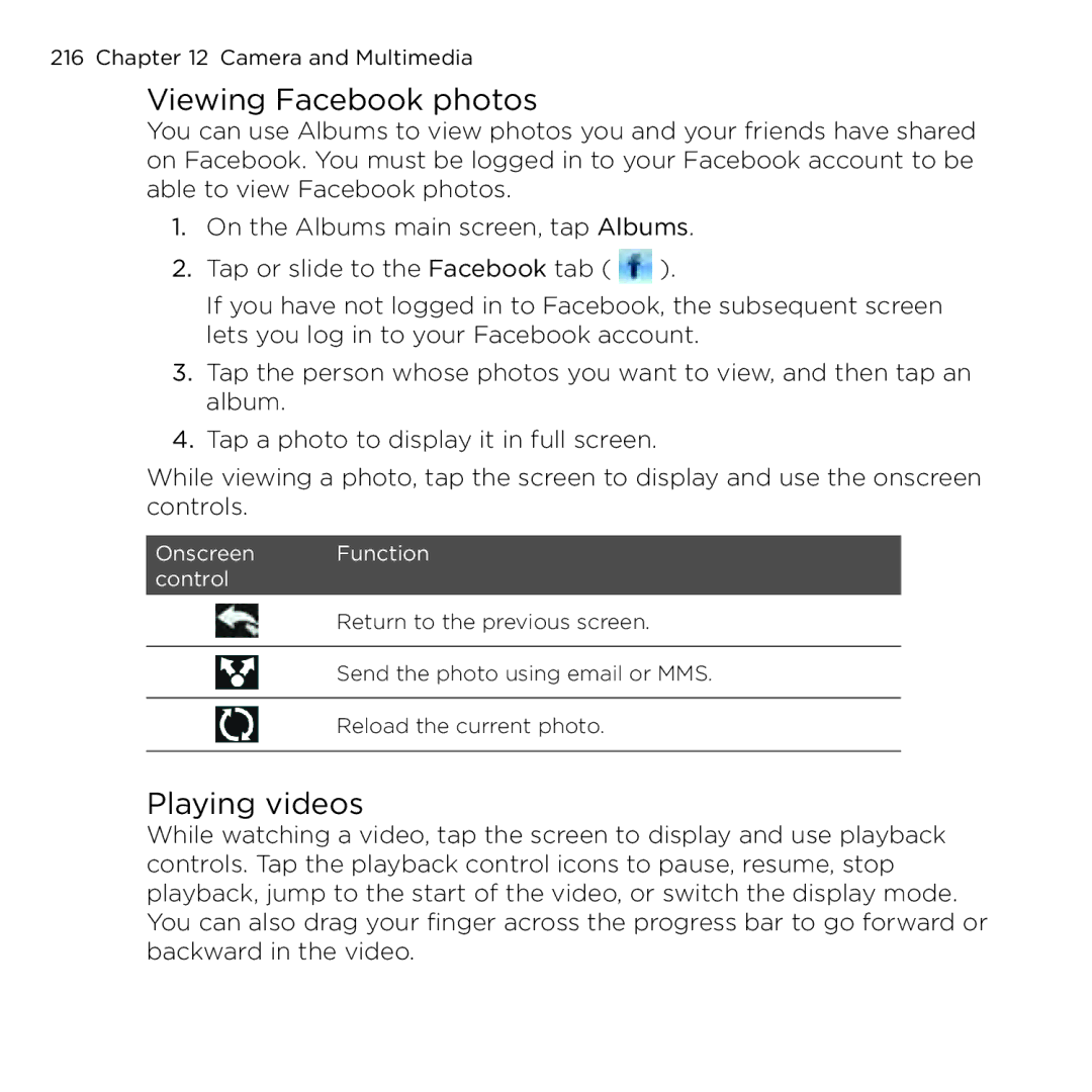 HTC NMRHOD00 user manual Viewing Facebook photos, Playing videos 