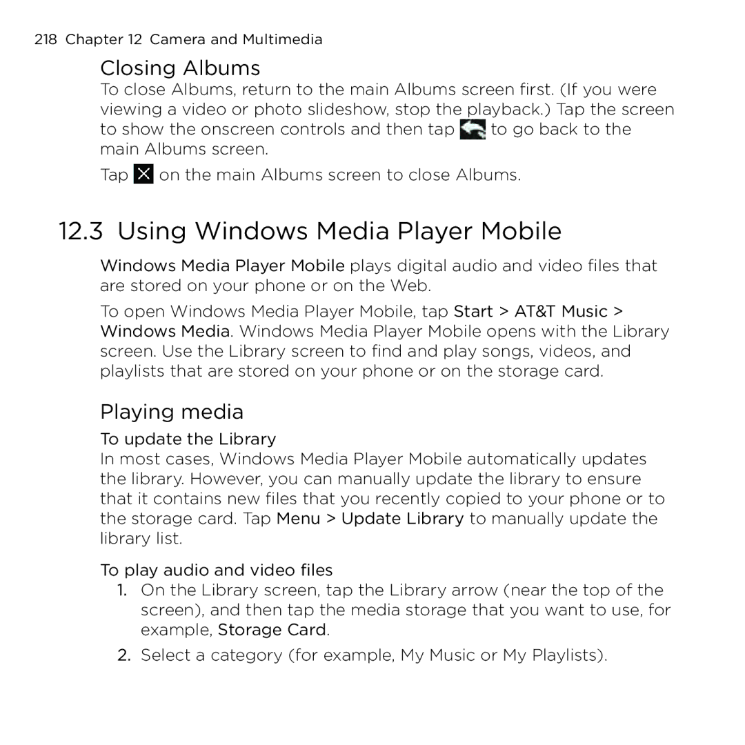 HTC NMRHOD00 user manual Using Windows Media Player Mobile, Closing Albums, Playing media 