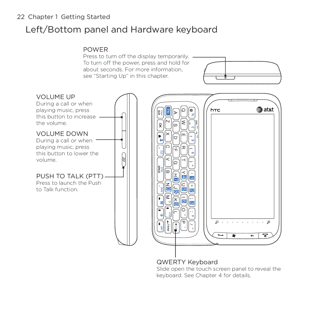 HTC NMRHOD00 user manual Left/Bottom panel and Hardware keyboard, Power 