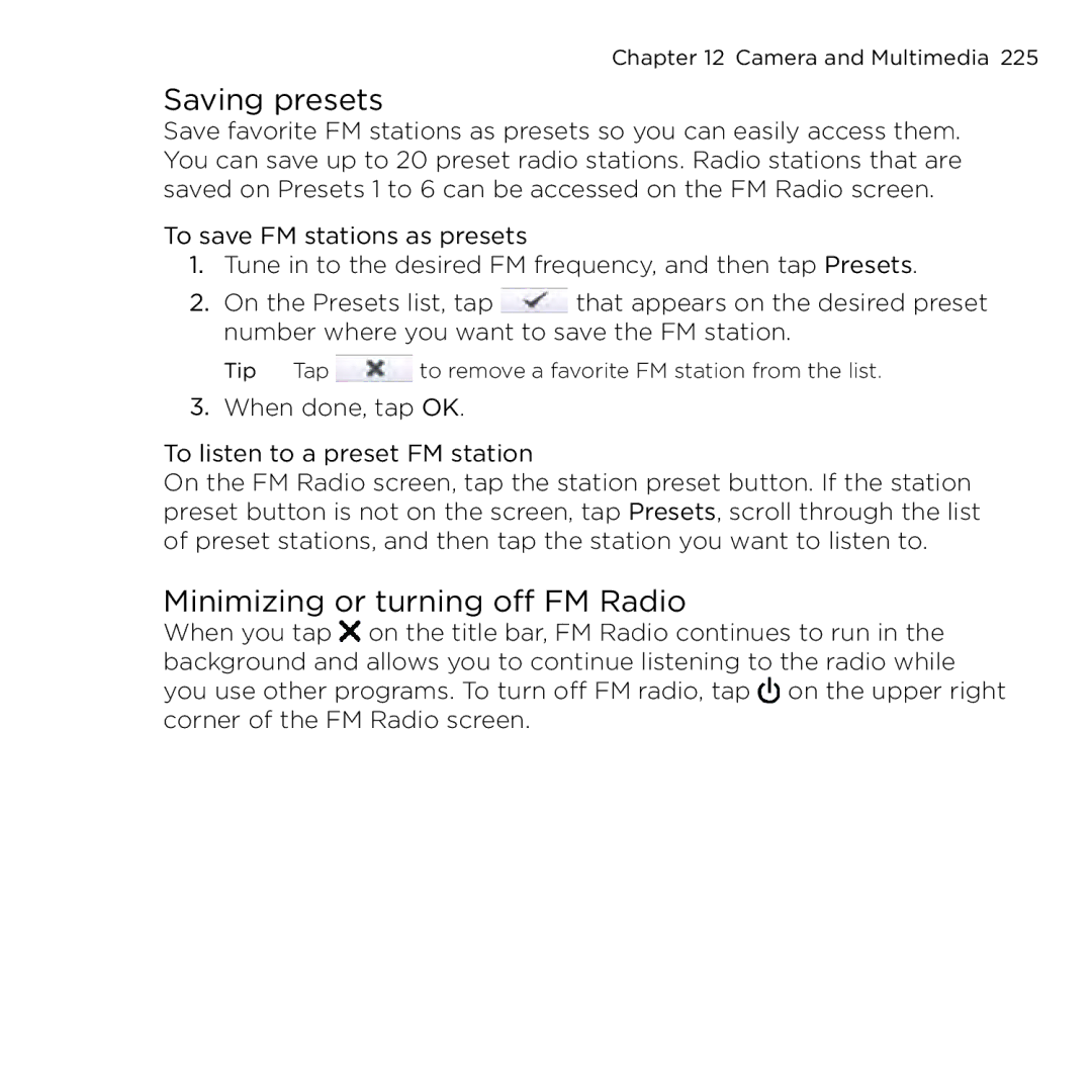 HTC NMRHOD00 user manual Saving presets, Minimizing or turning off FM Radio 