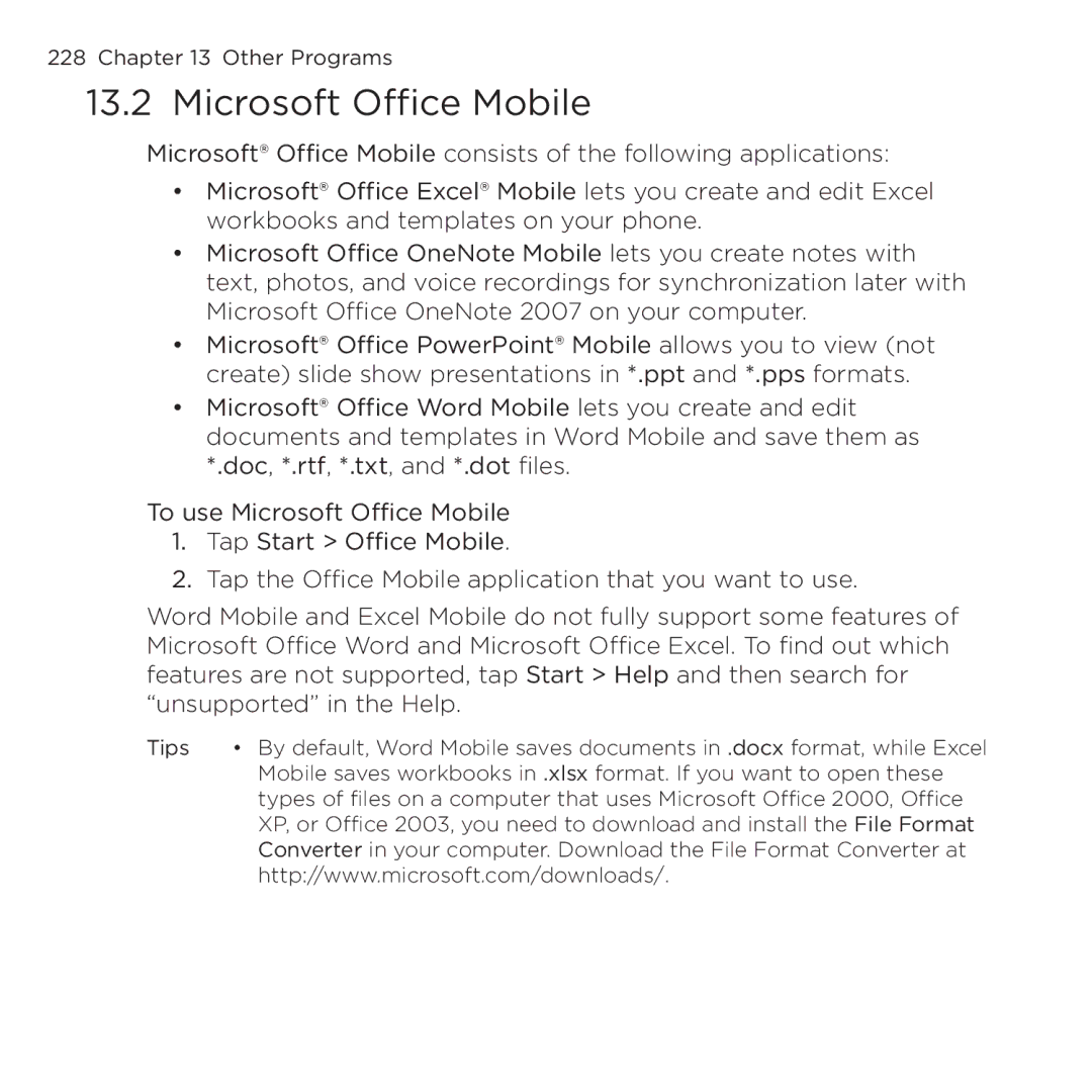 HTC NMRHOD00 user manual Microsoft Office Mobile 