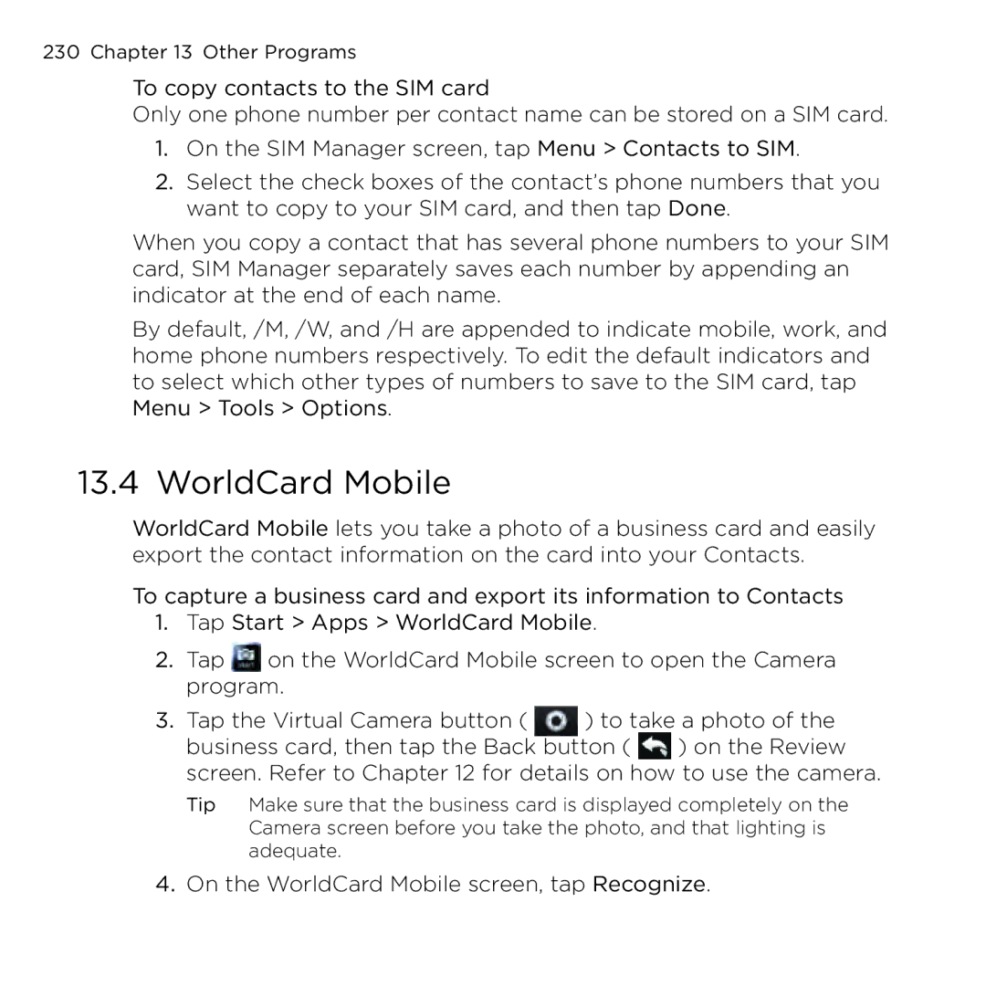 HTC NMRHOD00 user manual . On the WorldCard Mobile screen, tap Recognize 