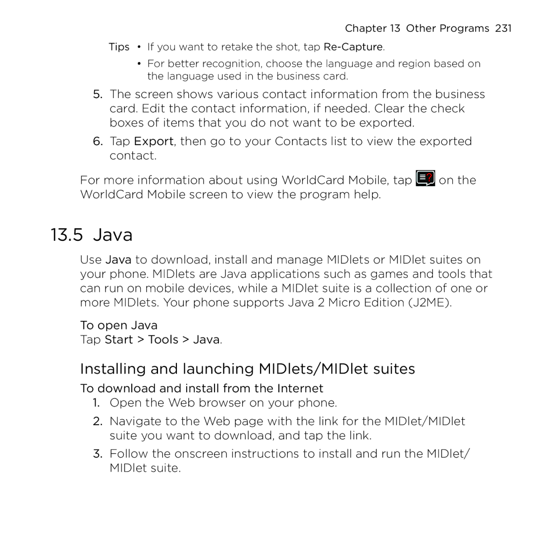 HTC NMRHOD00 user manual Java, Installing and launching MIDlets/MIDlet suites 