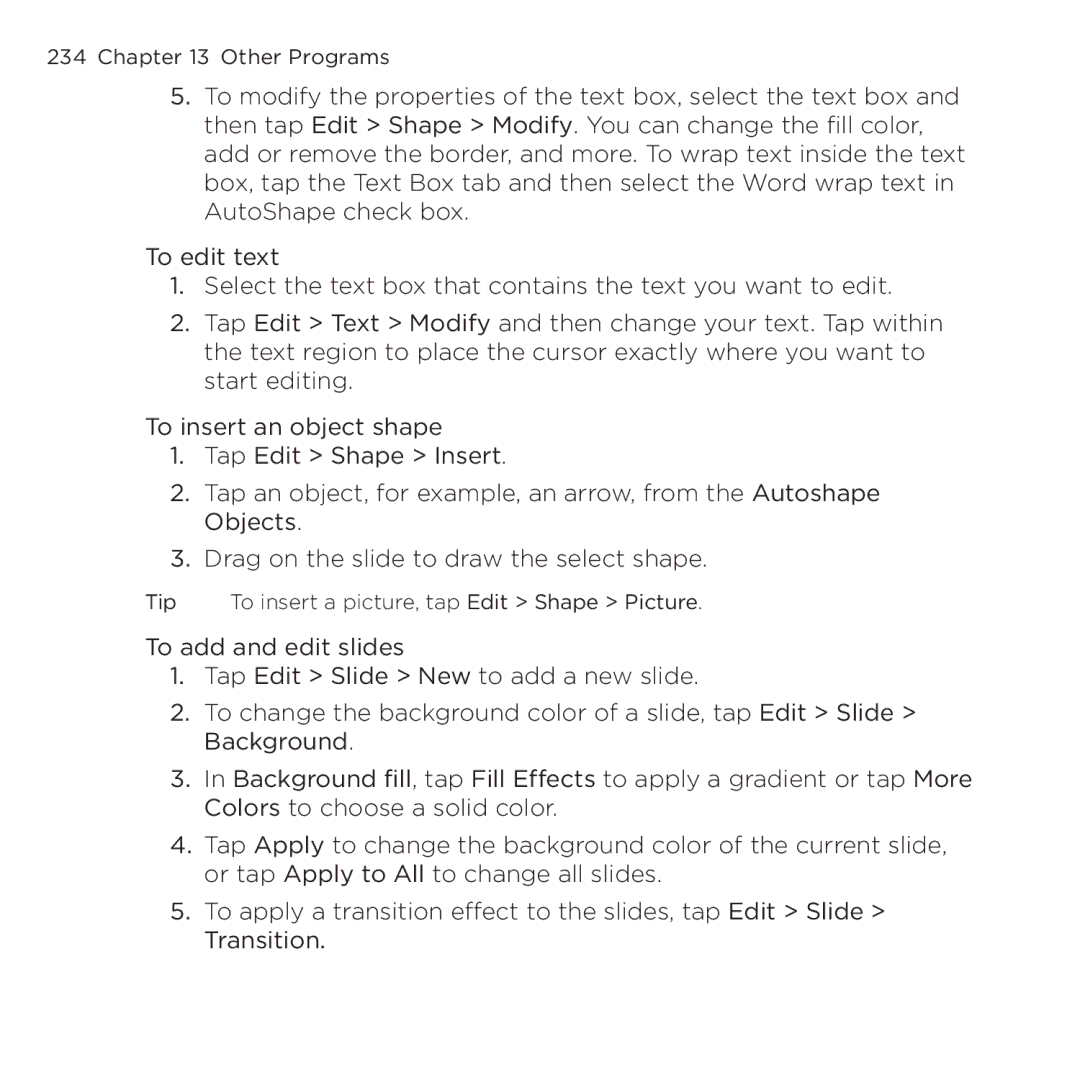 HTC NMRHOD00 user manual Tip To insert a picture, tap Edit Shape Picture 