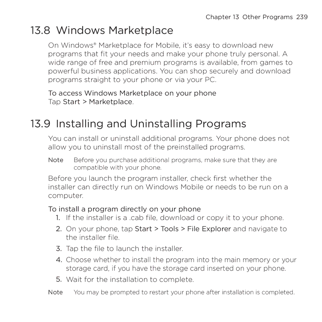 HTC NMRHOD00 user manual Windows Marketplace, Installing and Uninstalling Programs 