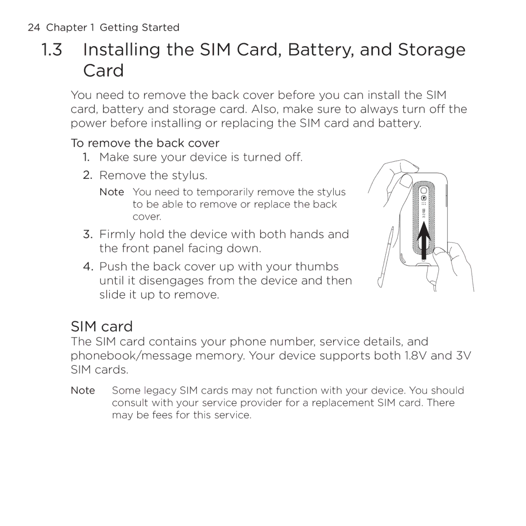 HTC NMRHOD00 user manual Installing the SIM Card, Battery, and Storage Card, SIM card 