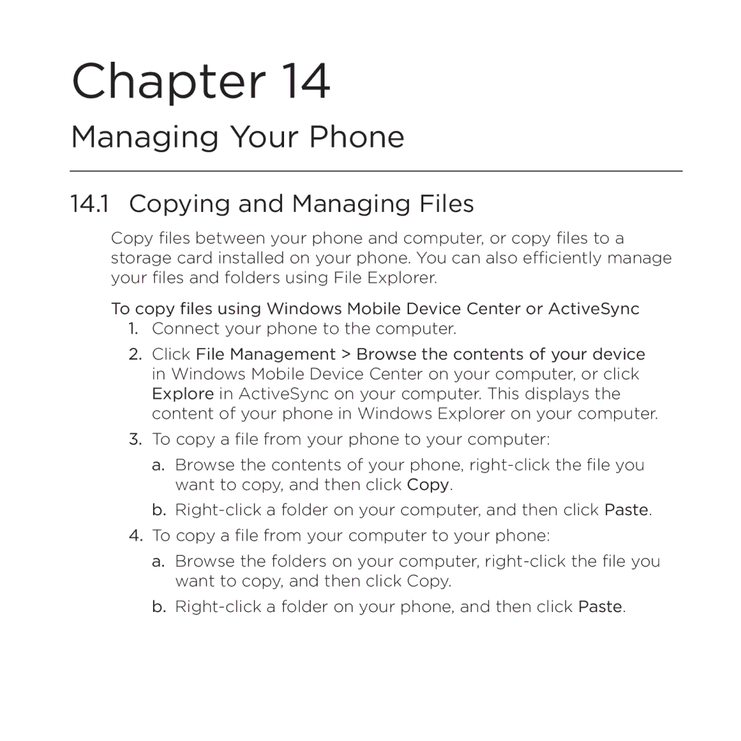 HTC NMRHOD00 user manual Managing Your Phone, Copying and Managing Files 